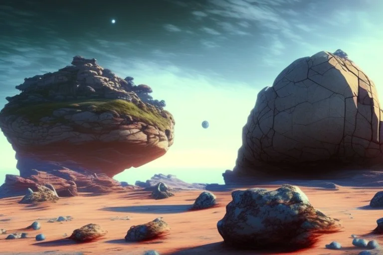 house, exoplanet in the horizon, big stones, cliff, science fiction, epic scene.