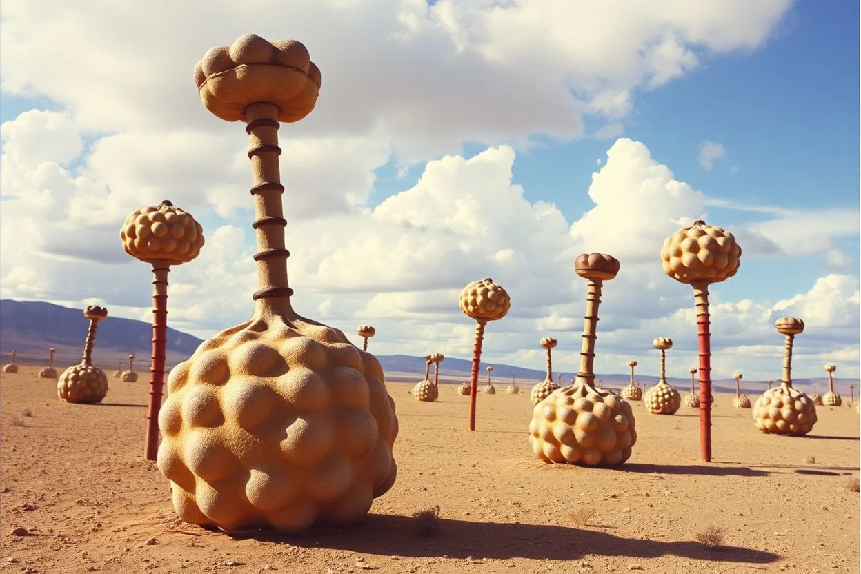 Strange spindle-shaped objects of various shapes, scattered over an arid wasteland, clouds, Max Ernst, Audubon, Amano, Walton Ford, Yves Tanguy, bright colours, polaroid, 8k, 3d, 33mm photography, well defined