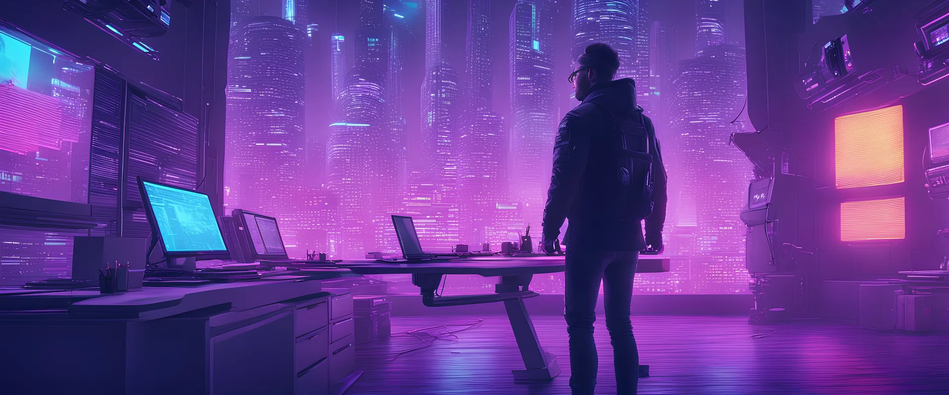 Dive into the cyberpunk world of our exclusive After Effects and Premiere files. The poster features a futuristic editor's room with neon-lit Adobe logos on the wall, surrounded by cutting-edge technology. The cityscape backdrop sets the scene, inviting you to ' Transform Your Vision, Edit the Future.' Unleash your creativity with state-of-the-art files—revolutionize your editing experience.