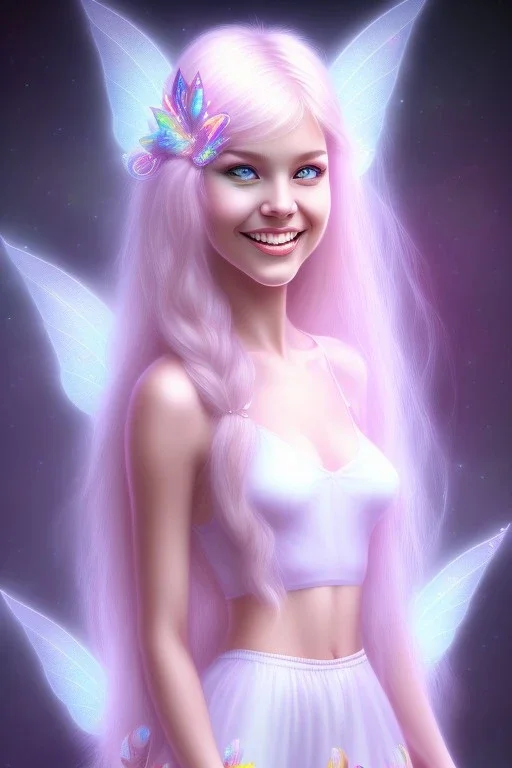 smiling girl, cute, beautiful, long hair, rainbows, fairy wings, light pastel colors, bright