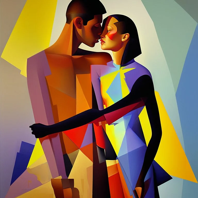 a painting of a man and a woman, a cubist painting by Keith Mallett, cg society, figurative art, cubism, fauvism, art