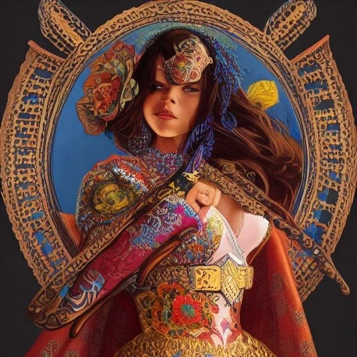 portrait,"Insanely detailed photograph of a gang of mariachi warriors", intricate chainmail charo, large colorful Sombrero,elegant cape, highly detailed D20, digital painting, artstation, concept art, smooth, sharp focus, illustration, art by artgerm and greg rutkowski and alphonse mucha, 8 k