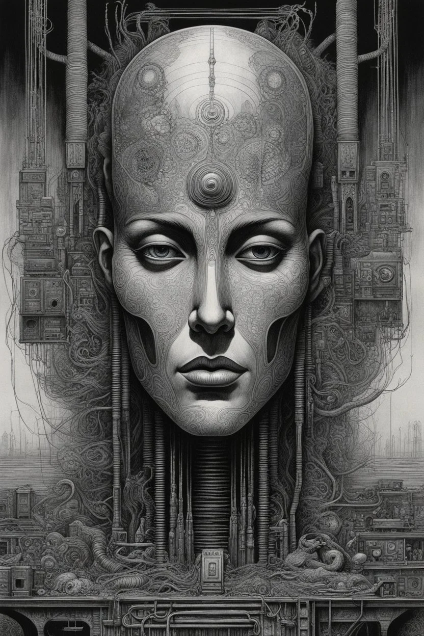 a Indian fathers on and with computer chips and a smoke in the background dark a thin line draw ، front view camera, decayed and proportions and imagery. surreal chorror, biomechanical design, by hr giger and beksinski , fine lines draw