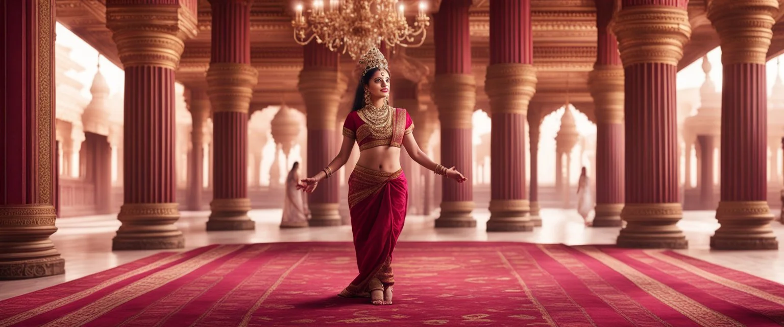 Hyper Realistic Beautiful Young Indian Queen Dancing in a traditionally beautiful Indian palace with traditional pillars with small fancy chandeliers & beautiful maroon carpet