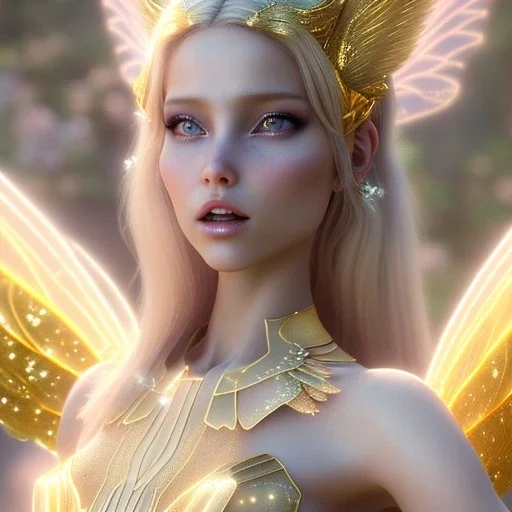 beautiful fairy very etheric, nice smiling, long blond hair, magic glamour pink make up, delicate colors, complete vision of very transparent golden and big wings, beautiful glamour transparent golden dress, ultra sharp focus, 8k, unreal engine 5, extremely sharp detail, light effect, soft light atmosphere, smooth, full of details, face in front, complete vision of face and hair and of the body