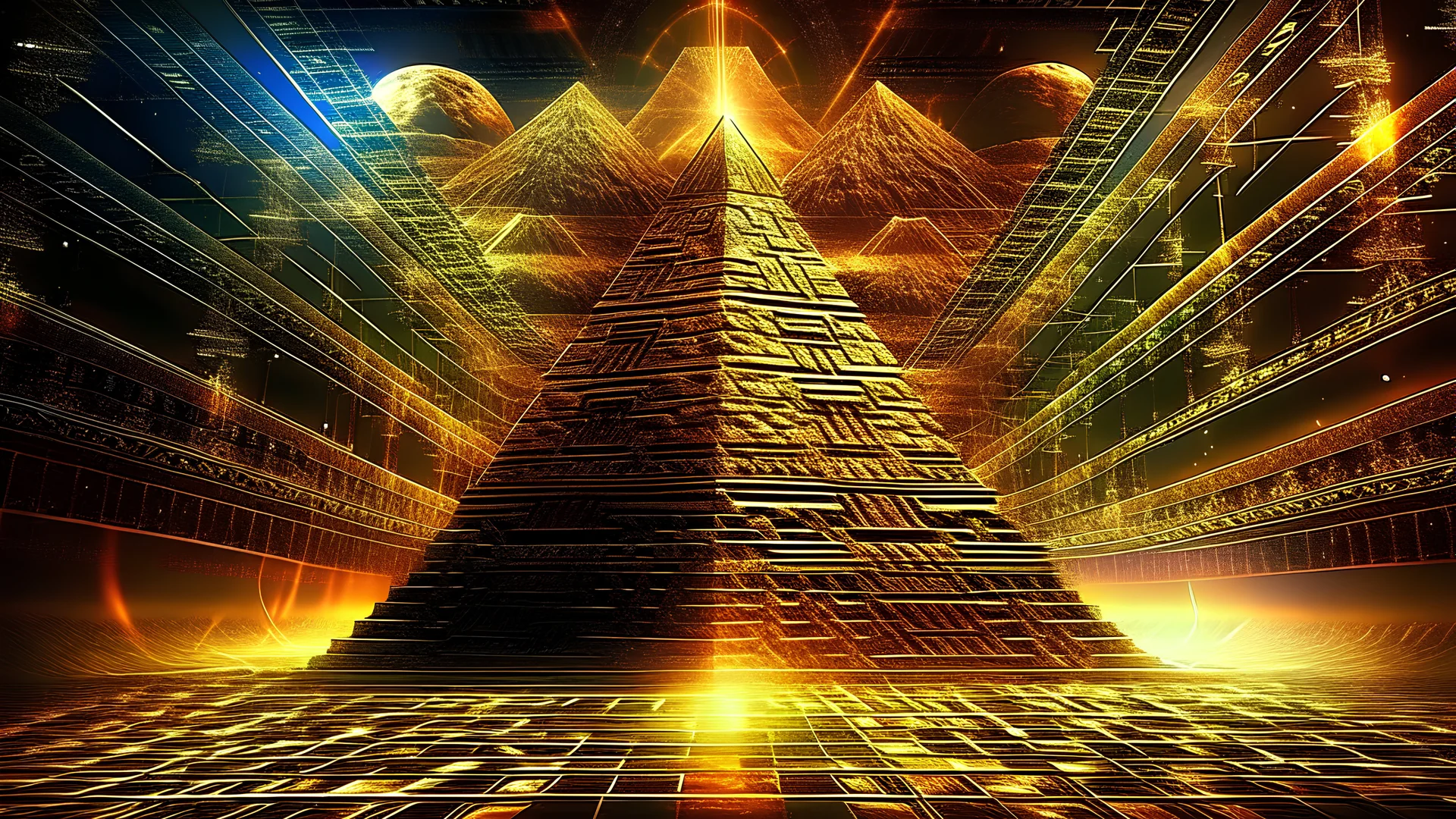 Ultra High quality hyperrealistic Egyptian hieroglyph wall with pharaohs and pyramids, glowing Procedurally generated sharply separated contours with glowing misty mystical background and foreground golden lightning and colourful dust, bottom view, golden ratio, retro futuristic horror fantasy psychedelic style