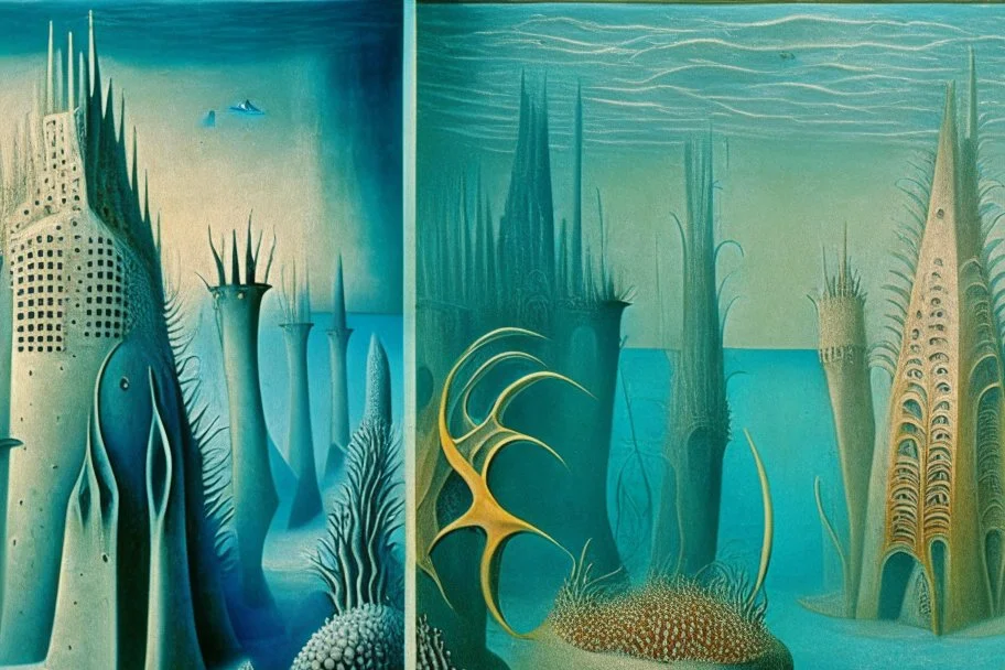 an underwater city with coral towers by "Leonora Carrington" and "Max Ernst"