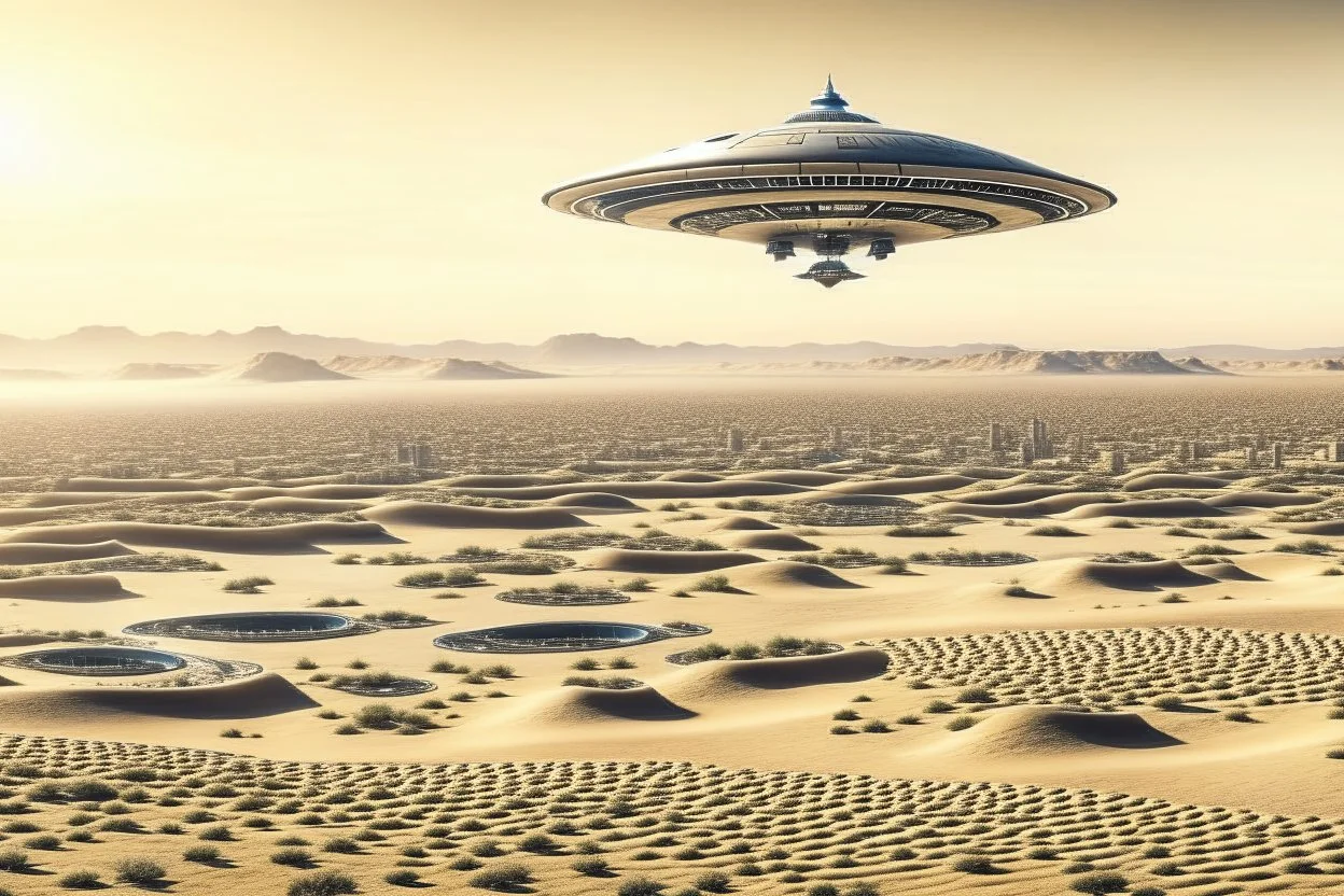 spaceship flying low over a desert city