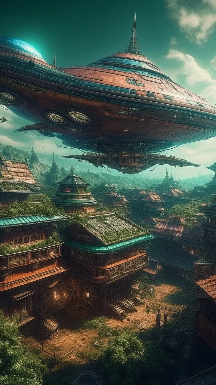 "UFO starship “- flying over a cyberpunk medieval village - ultra high quality, sharp focus, focused, high focus, very sharp, high definition, extremely detailed, hyperrealistic, intricate, fantastic view, very attractive, fantasy, imperial colors, colorful