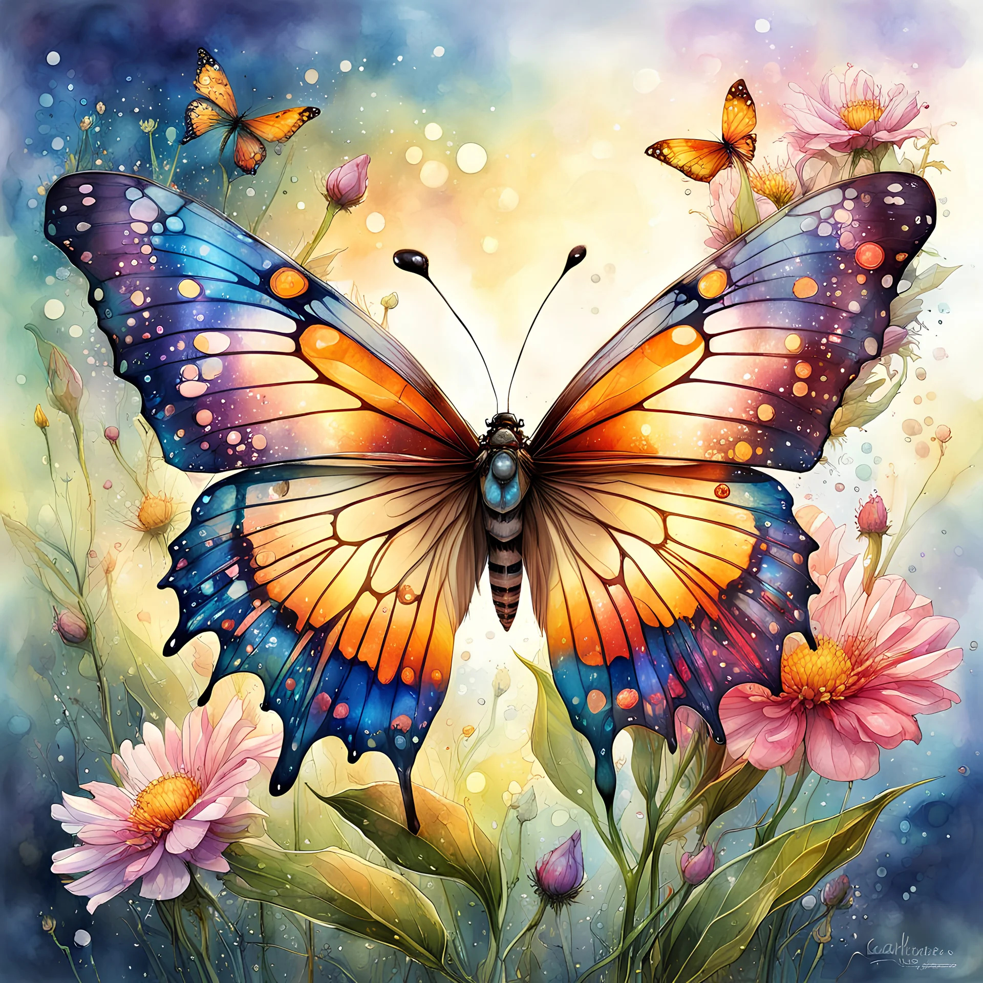 Digital watercolor illustration, beautiful colorful highly detailed butterfly, landing on a bloom of a beautiful dew filled flower, fantasyscape sunrise, by Waterhouse, Carne Griffiths, Minjae Lee, Ana Paula Hoppe, Stylized watercolor art, Intricate, Complex contrast, HDR, Sharp, soft Cinematic Volumetric lighting, deep vibrant lush luminous colors, perfect masterpiece