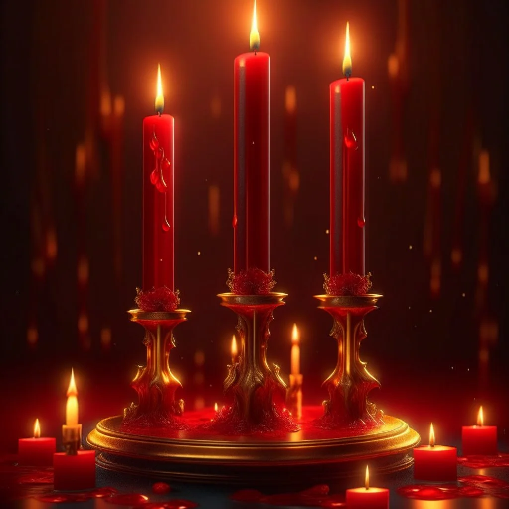 Red candles on a gold candlestick, dripping wax. Illustrative art, art interpretation, concept art, cgsociety contest winner, seasonal art, seasonal art HD, 4k, 8k, intricate, detailed, intricately detailed, luminous, translucent fantasy crystal, holographic data, soft body, shadow play, light, fog, atmospheric, cinematic, light film, hyper-detailed, hyper-realistic, masterpiece, atmospheric, high resolution, 8k, HDR, 500px, mysterious and artistic digital art, phototic, intricate, f