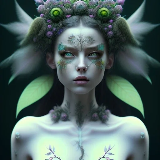 Portrait of beautiful girl, plant, metal, feathers, Dryad, fae, sidhe, ominous, nature, plants, wildflower, facepaint, dnd character portrait, intricate, oil on canvas, masterpiece, expert, insanely detailed, 4k resolution, retroanime style, cute big circular reflective eyes, cinematic smooth, intricate detail , soft smooth lighting, soft pastel colors, painted Renaissance style,bokeh, 800mm lens