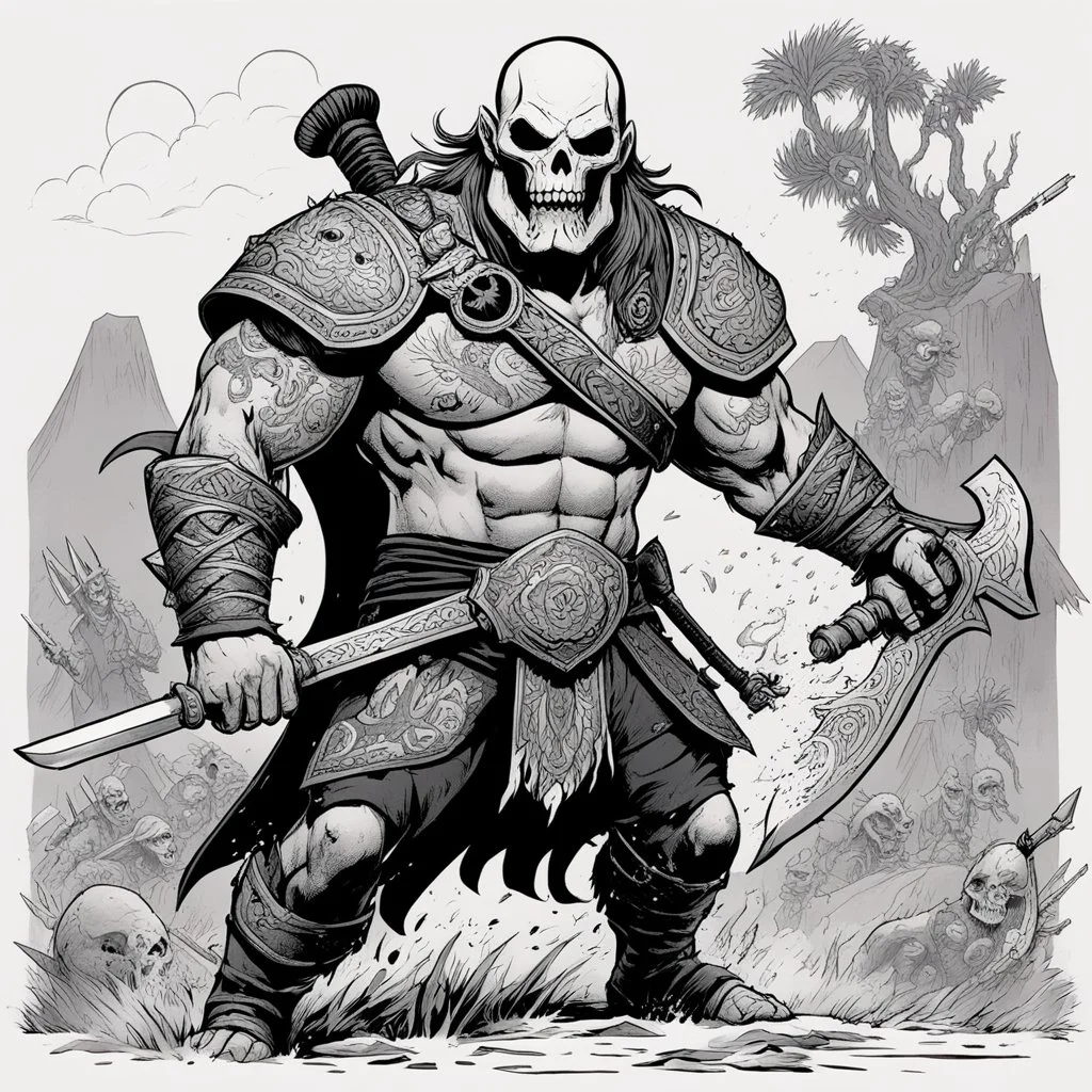 [mexican high res photo Head Lopper style by Andrew MacLean] the tattooed warrior moves with the fluid precision of someone who's spent a lifetime turning potential death into momentary survival. His weapon cleaves through the ghoul in a single, brutal stroke.