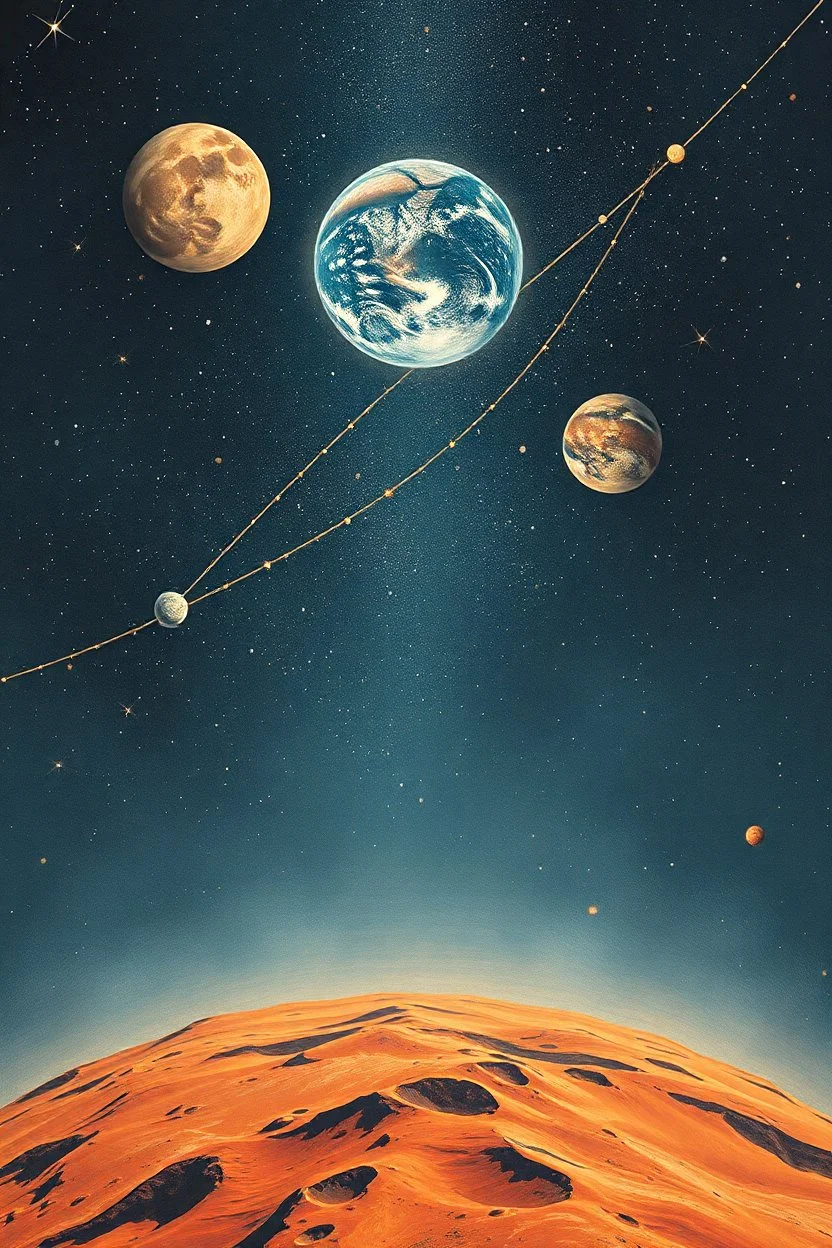 the stars with earth and other planets in it,Bosch painting style, show a shot of a view of Mars surface, thin lines draw style