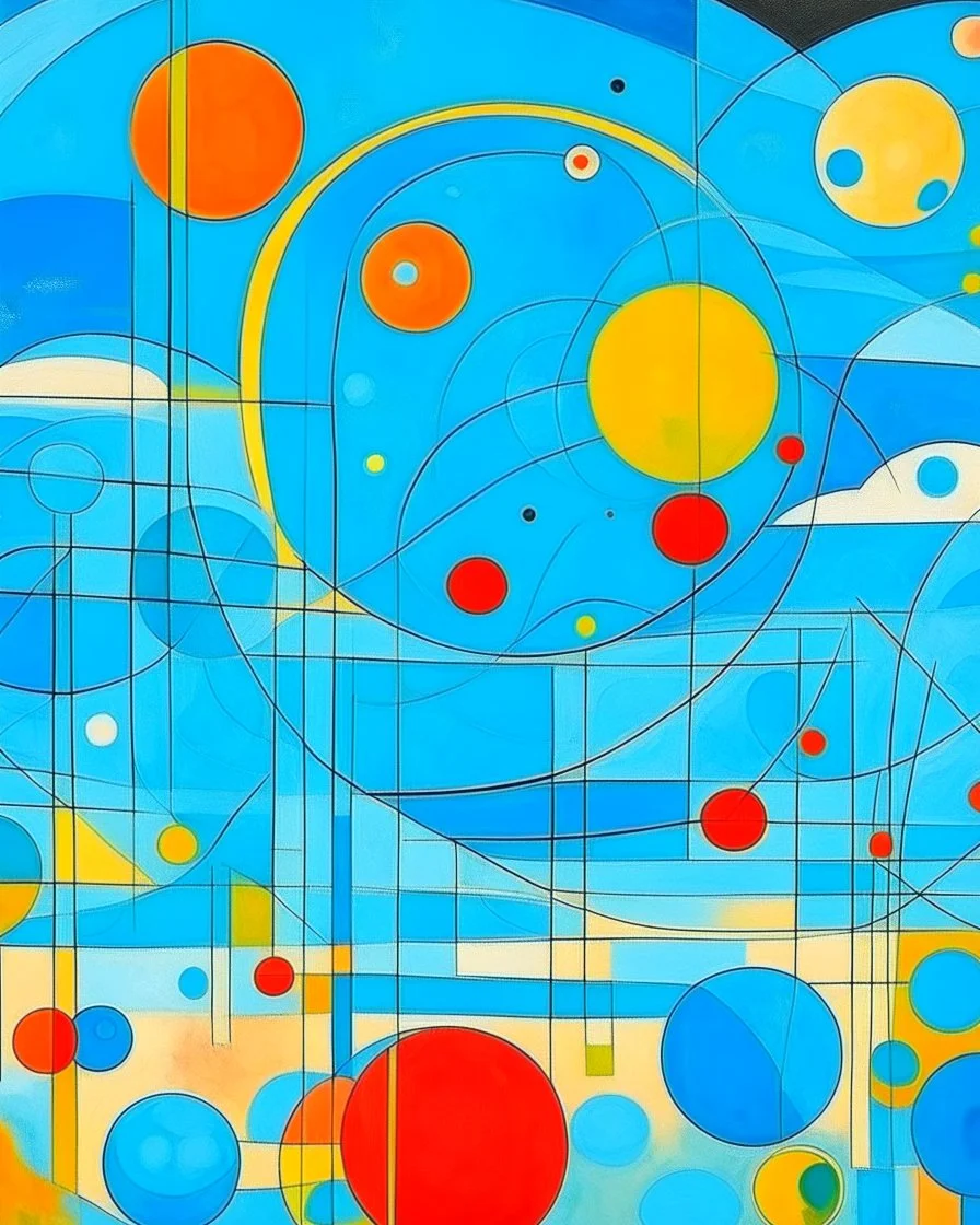 A sky blue basketball field with bubbles painted by Wassily Kandinsky