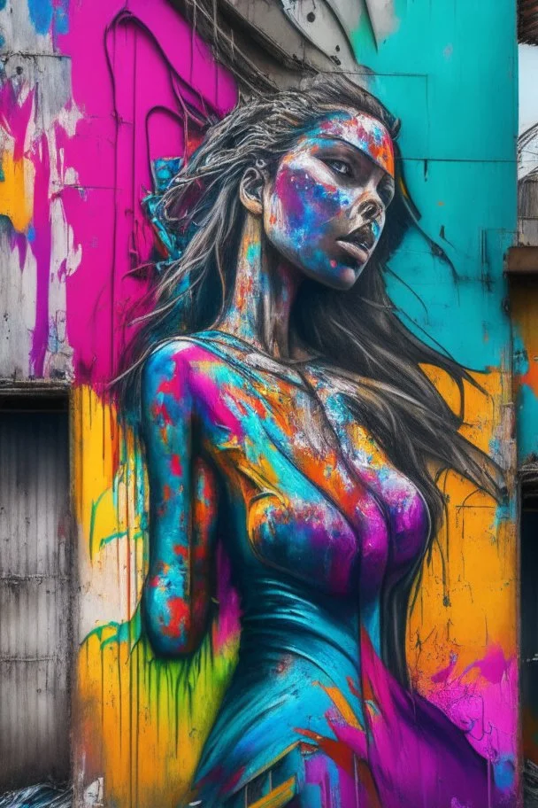 graffiti art on the back side of an abandoned building portraying a female super model posing confidently, 8k, highly detailed, centered, epic composition, graffiti art, splash art, street art, spray paint, oil gouache melting, acrylic, high contrast, colorful polychromatic, ultra detailed, ultra quality, CGSociety