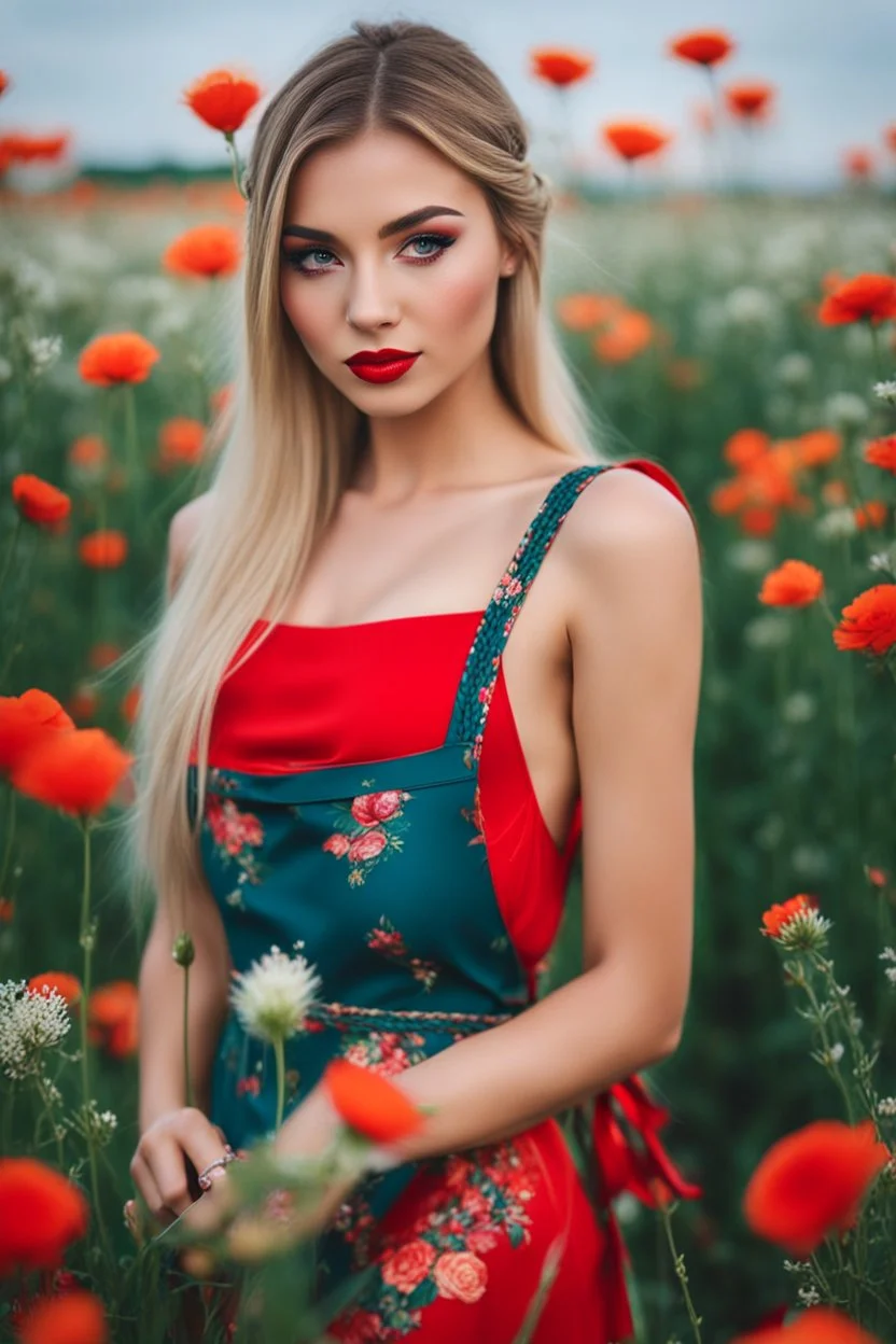 Beautiful russian girl, blonde hair, bold lipstick, wild color full flower field, braided bangs, braided bobcut, solo, apron,thick thighs, side-tie panties, black hair, 18yo,(on back:1.2) ,red dress, portrait