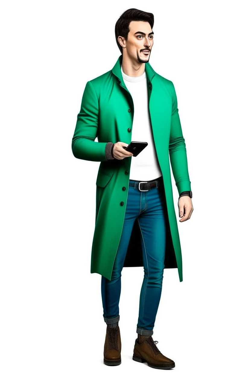 Modern guy, 20s, "holding ipad in left hand", looks like a "renaissance painting look", walking forward, full body, "persian green coat", blue pants, "right hand in to the ground". "Front facing" "forward view" white background