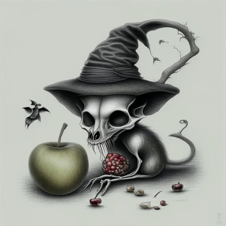 Realistic drawing of a Skull with a Witch hat, Skull has ghost eyes and is eating from a poison apple. Rat walks behind the skull.