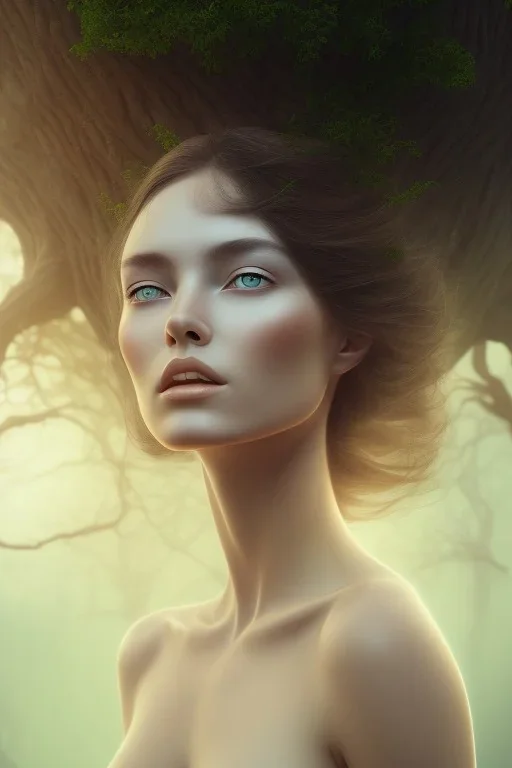 portrait photography of ethereal beauty, 8K, under neck long oak tree roots, a woman's head, sunny, mist