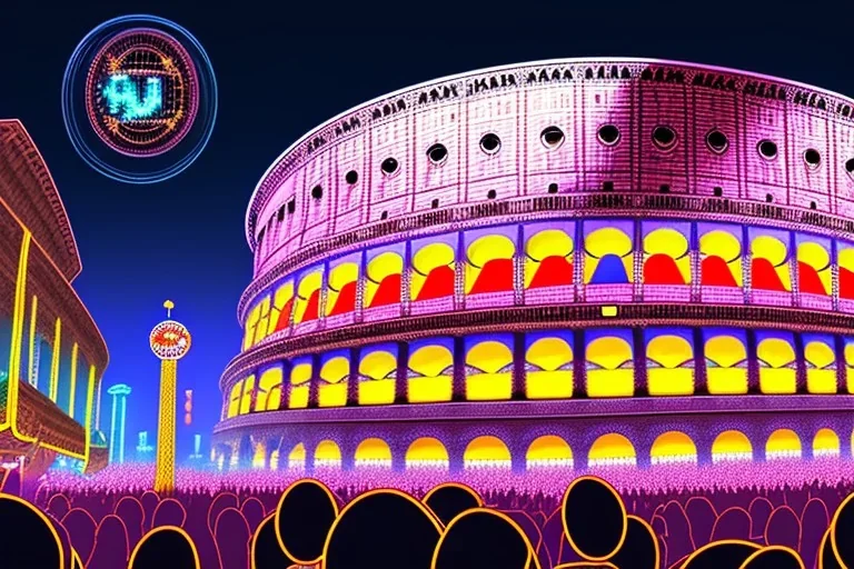 oktoberfest in roman colosseum, hyper detailed, digital part,riesenrad, view from inside, centered, detailed, 8k, shining, heaven, many happy people, dampf, cyberpunk art, neon lights, neon signs, night, stars, stadion lichter