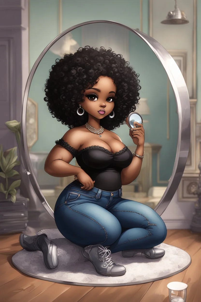 Create a furturism magna art of a black chibi curvy female sitting on the floor looking at herself in a hand mirror. She is wearing tight blue jeans and a black off the shoulder blouse. Prominent make up with lush lashes. Highly detailed tight curly afro. She is also wearing silver large hoop earringsart of a black chibi curvy female sitting on the floor looking at her cell phone. She is wearing tight blue jeans and a black off the shoulder blouse. Prominent make up with lush lashes.