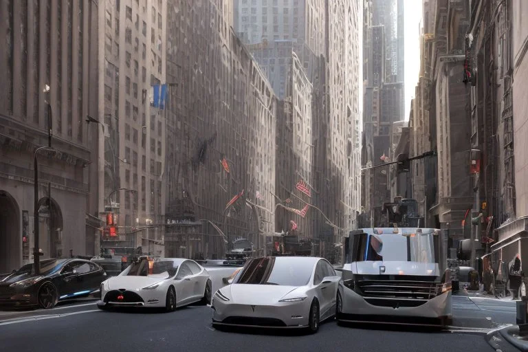 A Tesla 'Semi' (semi truck) is parked, on 'Wall Street', in New York. (CINEMATIC, WIDE ANGLE LENS, PHOTO REAL)