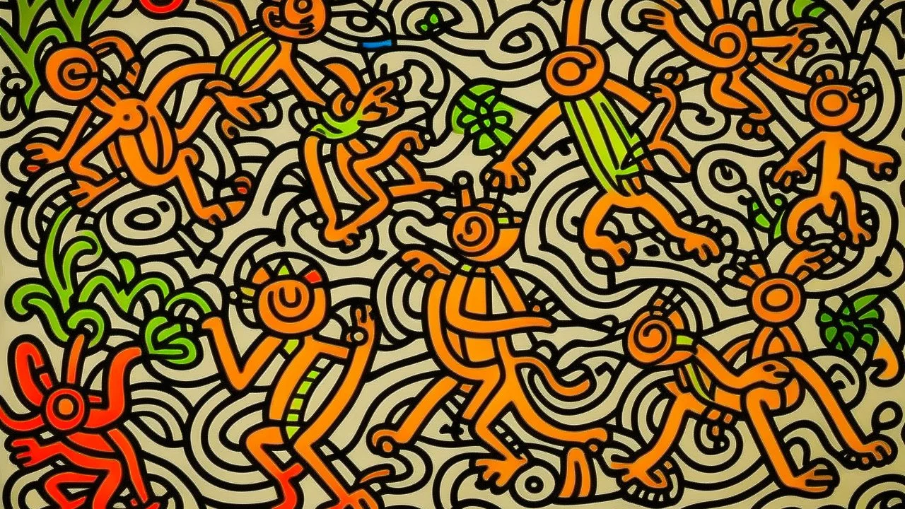 A light rosy orange swamp with amphibians painted by Keith Haring