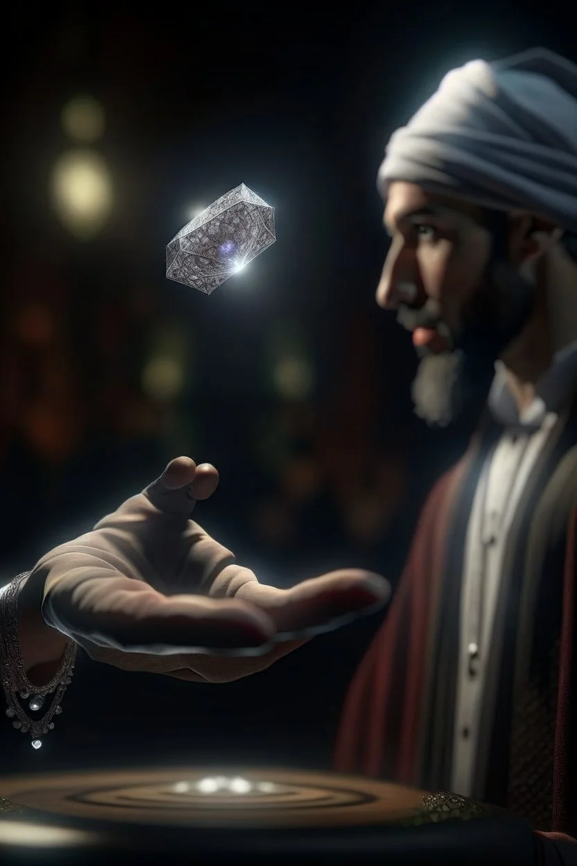 diamond levitating between a magicians hand, arab clothing, rockstar portrait, photo-realistic, shot on Hasselblad h6d-400c, zeiss prime lens, bokeh like f/0.8, tilt-shift lens 8k, high detail, smooth render, down-light, unreal engine 5, cinema 4d, HDR, dust effect,, smoke