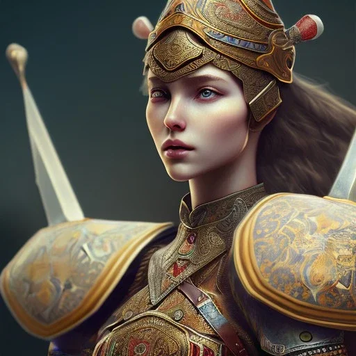 portrait of a warrior with ottoman beautiful girl themed armour, extremely detailed, UHD, 8k,The close-up camera effect,sharp focus, perfect position,hyperphotorealistic, unreal engine 5, octane render