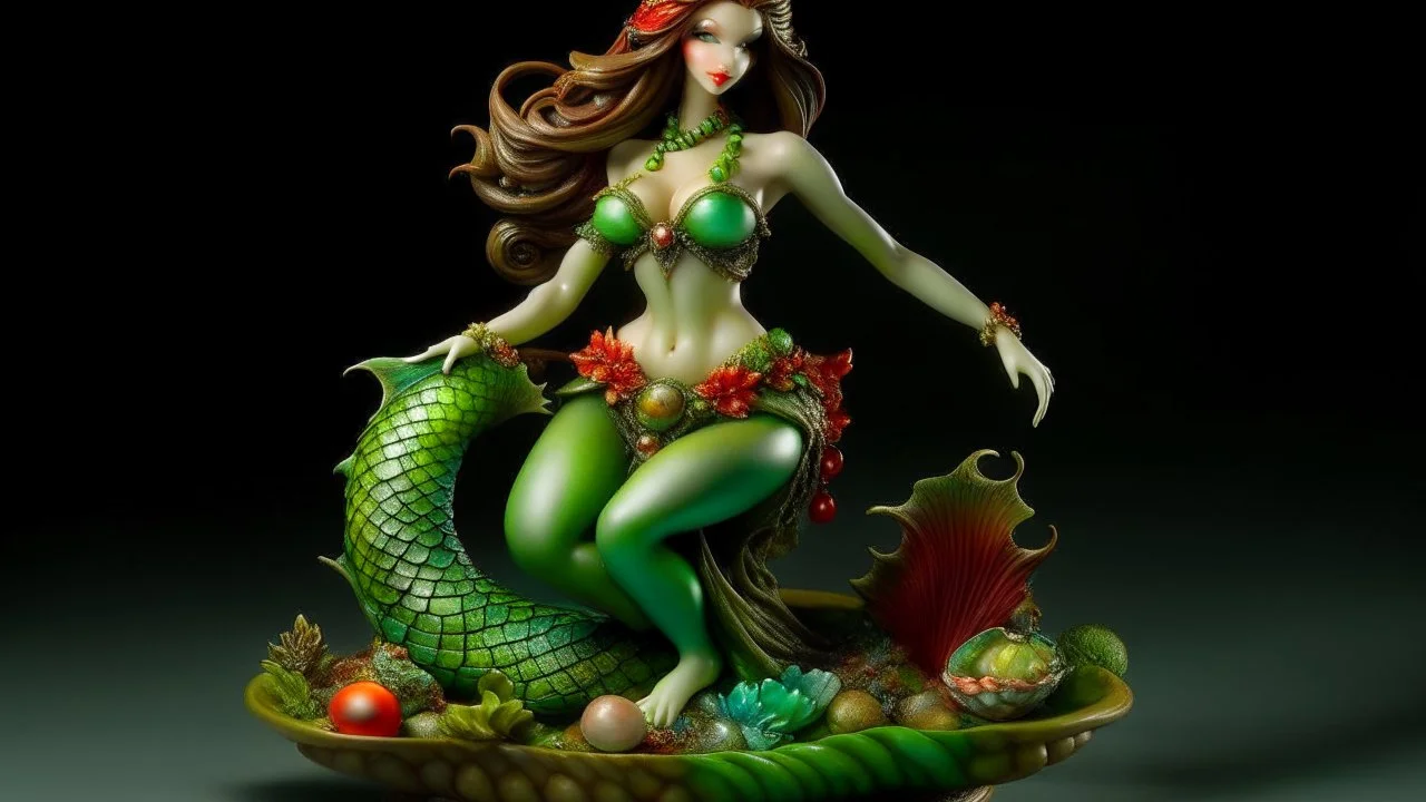 It creates the image of a mermaid with a round belly and swollen hips, holding a bowl full of colorful seafood and vegetables. She wears a seductive green tail, with seashells and corals attached, and a scallop shell bikini top. Her long, flowing hair is dyed shades of seaweed green and her lips are painted a bright red. Her gleaming green scales shine in the light,