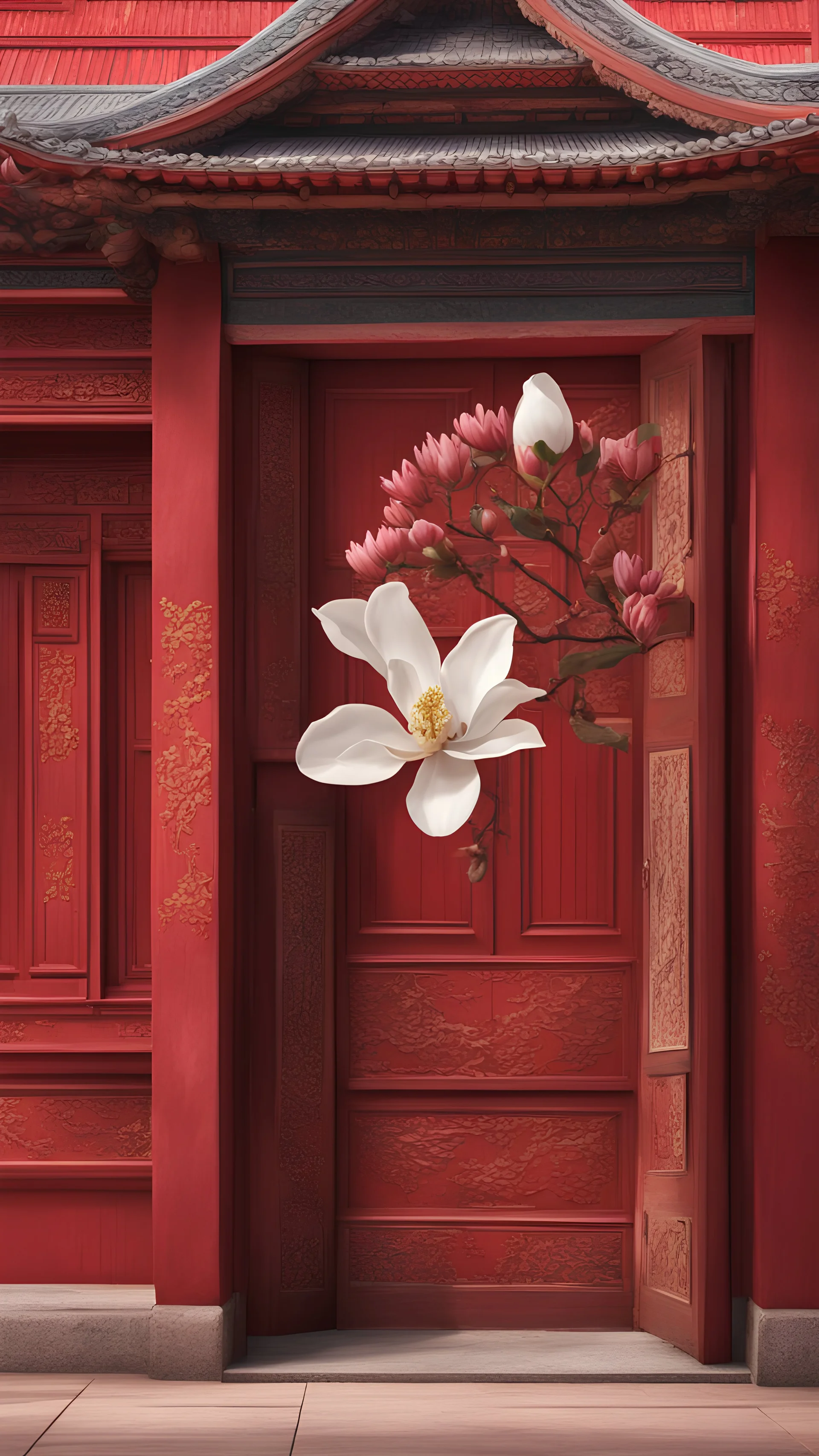 3D photographic image, beautiful magnolia flower foreground close-up, Chinese Forbidden City style ancient building red wall, ancient wooden doors and windows background, beautiful phantom, foreground, background highly delicate, clear, 8k, grand prize photography.