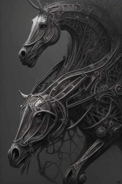 horse by h r Giger, Tim burton, dystopian surrealism, dark horror fantasy, hdr, artstation intricate details, demonic, dark art, dark noir, neoclassical gothic horror