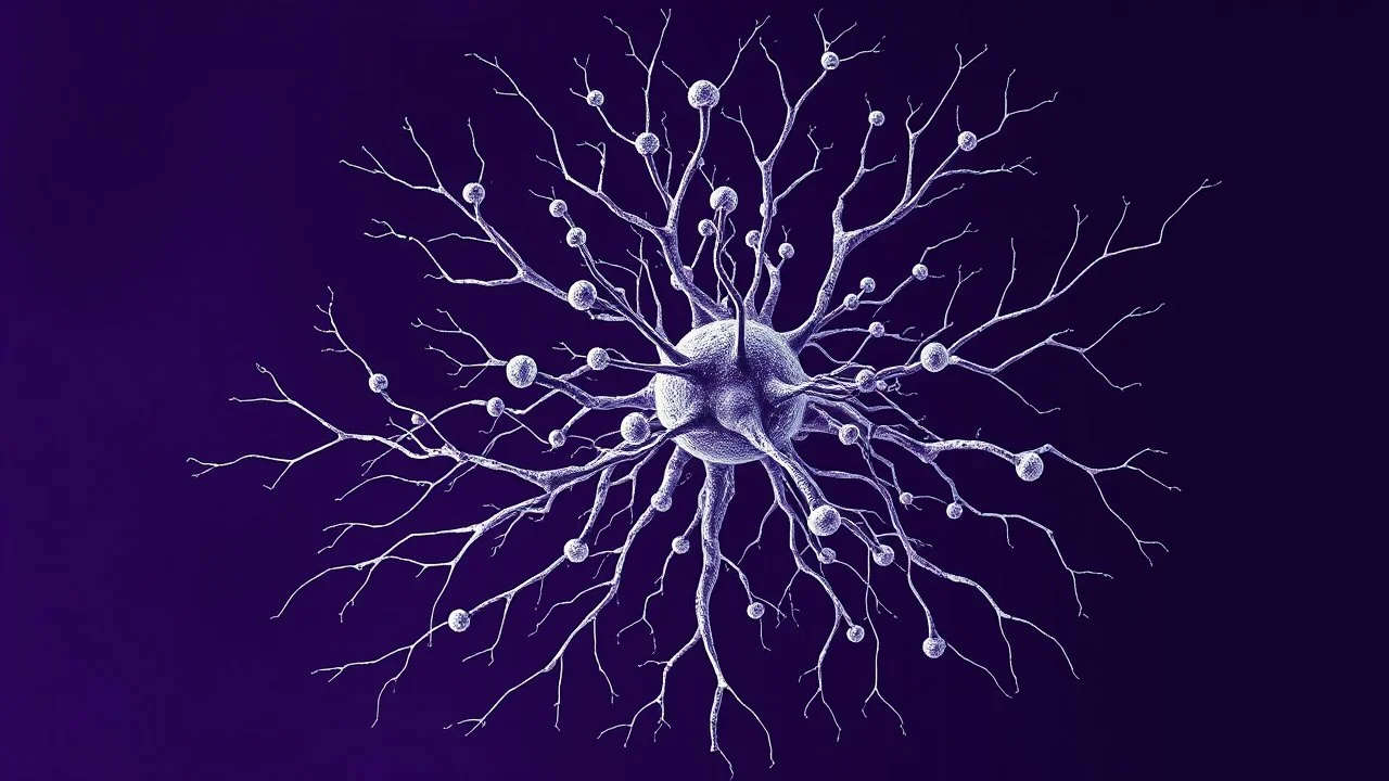 A minimalist abstract digital art graphic and ink montage,. Deep dark purple background with neural network around, big nervous system with shiny little balls , white-dark blue-magenta-pale gray and black colors, Clean composition with strangge vibe, modern digital art style with surreal vibe, Photorealistic with emotional with abstraction , neurodivergens mood