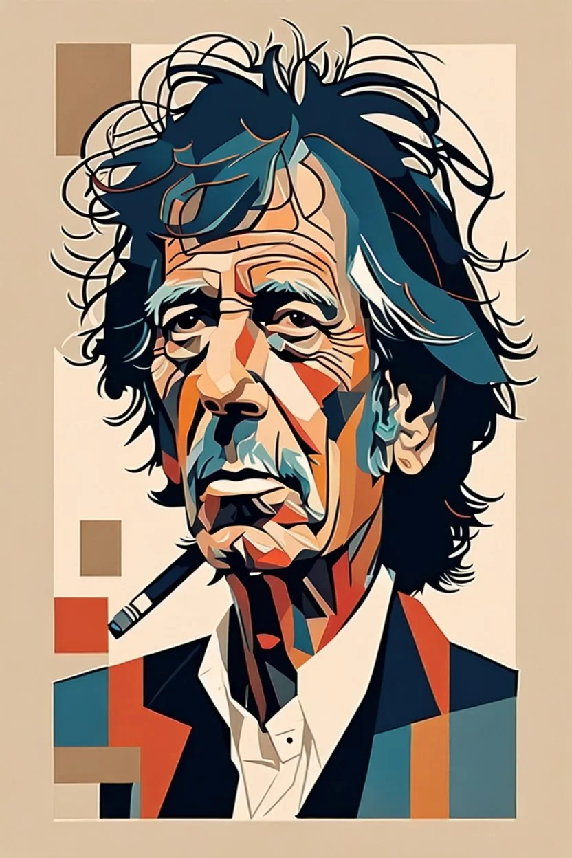 a highly detailed, abstract flat geometric portrait illustration of Keith Richards in the minimalist style of Willi Baumeister, Federico Babina and Petros Afshar, sharply detailed and finely lined, in vibrant natural colors