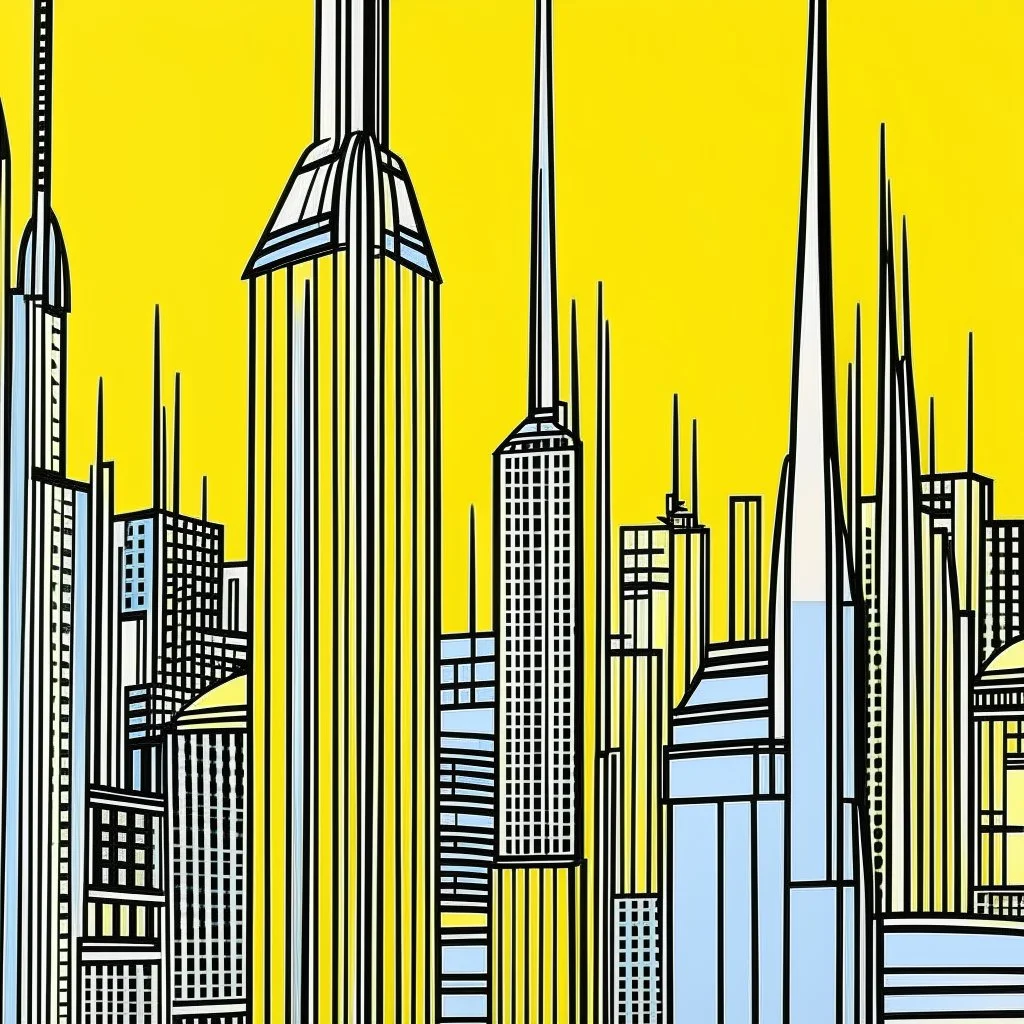 A light yellow metropolis with electrical towers painted by Roy Lichtenstein