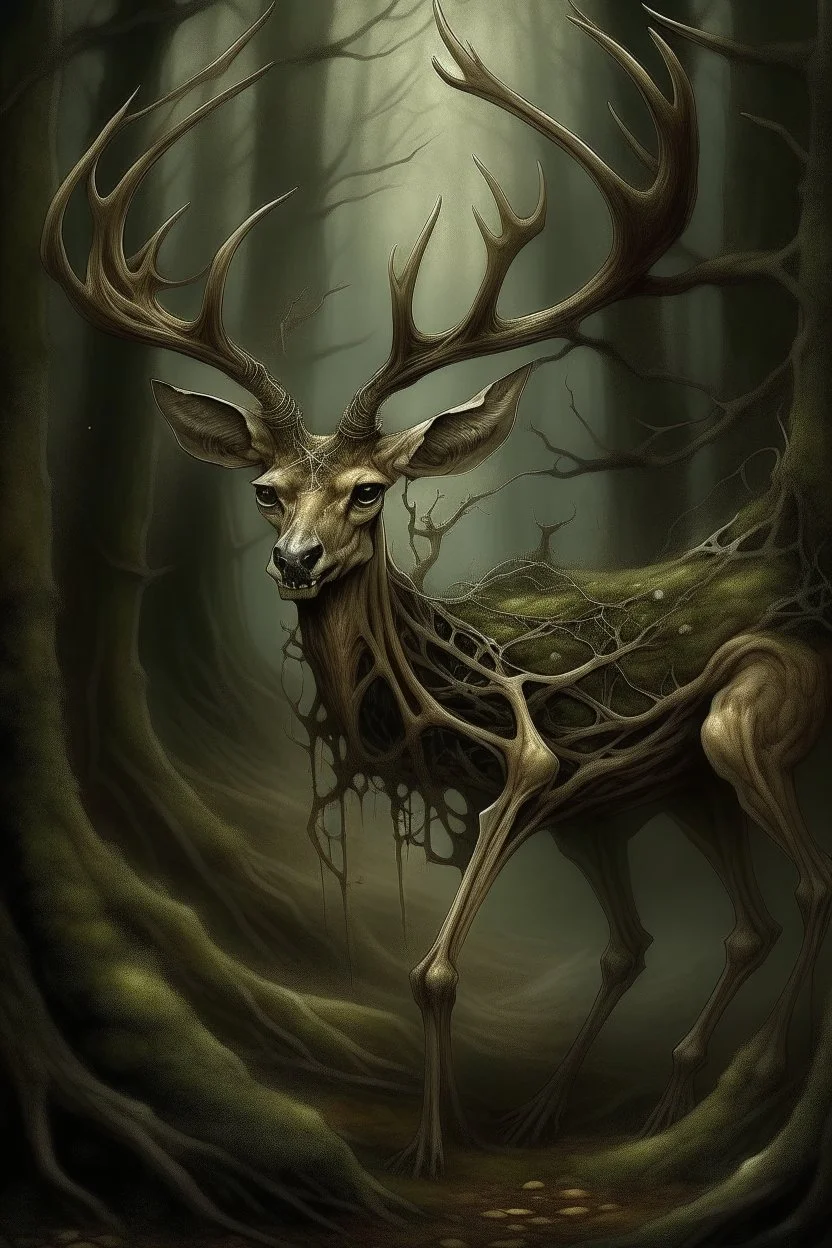 The "Almost Deer" is a chilling sight: a skeletal deer-like creature, its flesh stretched tight over its bones, with antlers twisted like gnarled branches, and hollow, soulless eyes that seem to pierce the darkness, emanating an unsettling, hypnotic allure.