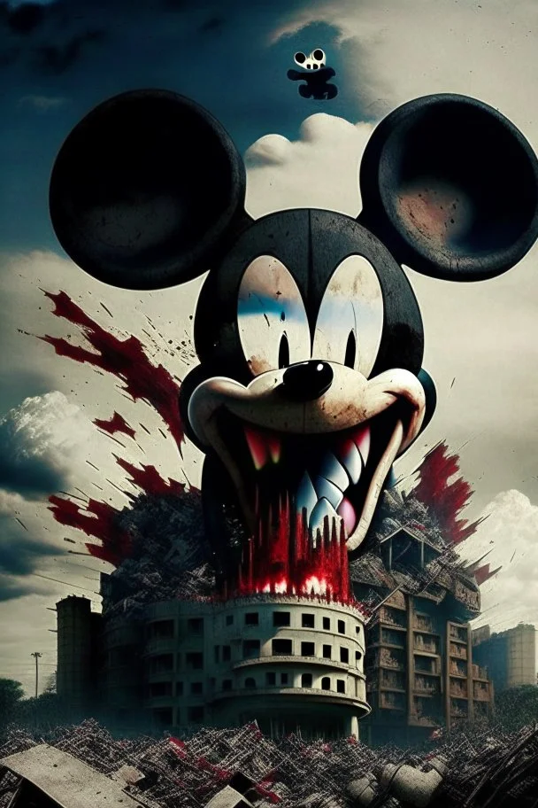 MICKEY MOUSE WITH ACCURATE EYES AS A HUGE GODZILLA DESTROYING BUILDINGS IN SOUTH AFFRICA