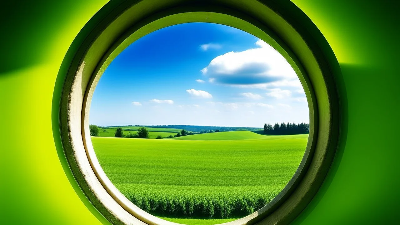 A double Olympic ring-shaped window in a paneled concrete wall offers a view of a vibrant, lush green field under a clear blue sky. The arched shape of the window focuses the view and creates a sense of symmetry. The wall is rough and aged, adding a rustic charm to the scene. The contrast between the rough wall and the soft, grassy field enhances the visual appeal of the image.