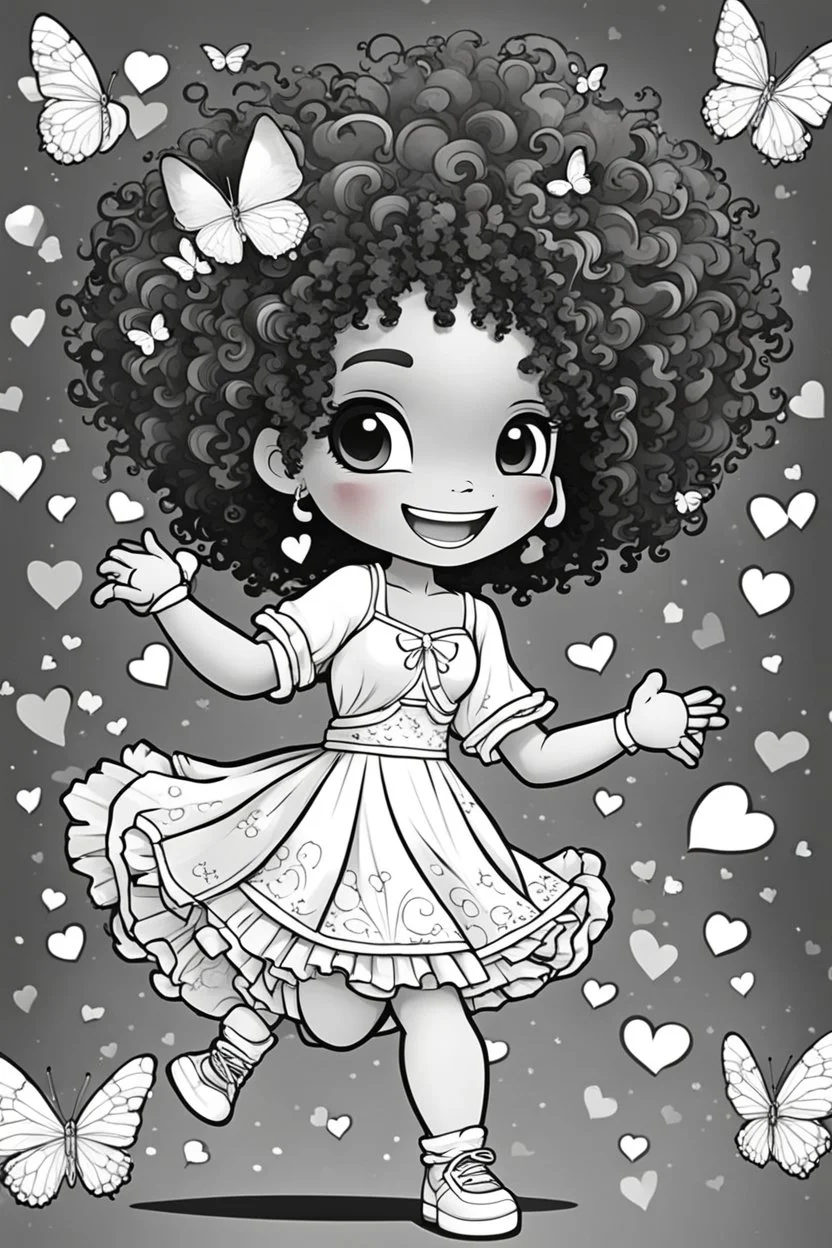 create a coloring page of a chibi girl with a curly afro ponytails dancing around hearts and butterflies. she smiles while shes playing with her kitten, black and white