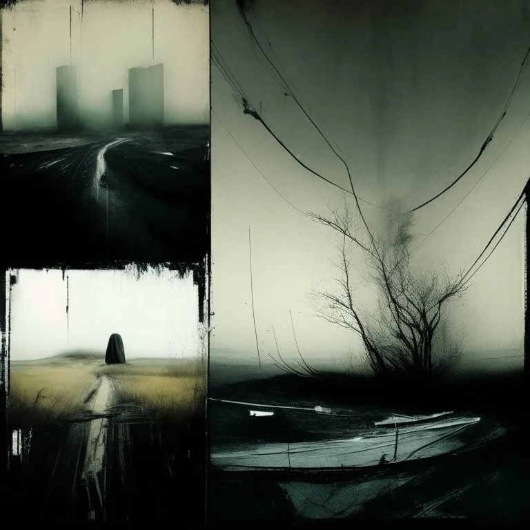 A abstract painting a by Justin Mortimer and Ashley Wood of a concrete decaying building in a Desolate mythical dark melancholy landscape with exposed wires. A lone figure wearing a adidas Parka