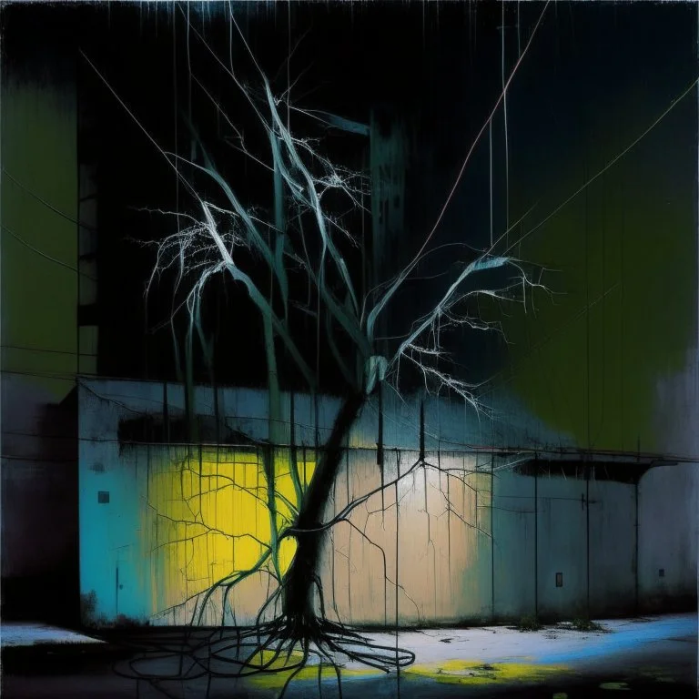 Minimal abstract oil painting of a tree in concrete warehouse brutalist architecture and hanging wires illuminated at night. Graffiti on walls triadic colours. In the style of Justin Mortimer, Ashley Wood