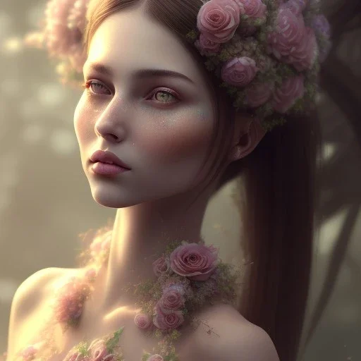 flower beautiful girl,utra realistic,highly detailed, sharp focus, parallax flowers, honeybee, fantasy art,elegant, fog, Special Lighting, Vibrant, Solid color,color Scheme, forest, unreal engine 5