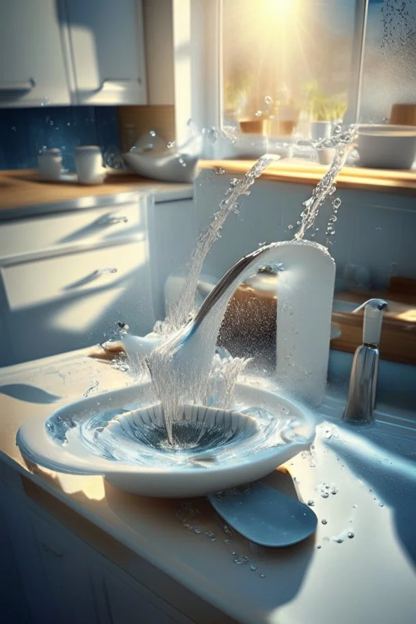 in focus, a jet of water flows into a spoon and splashes everywhere in a sink tray with plates of foamy water in the bottom in a modern kitchen in sunshine