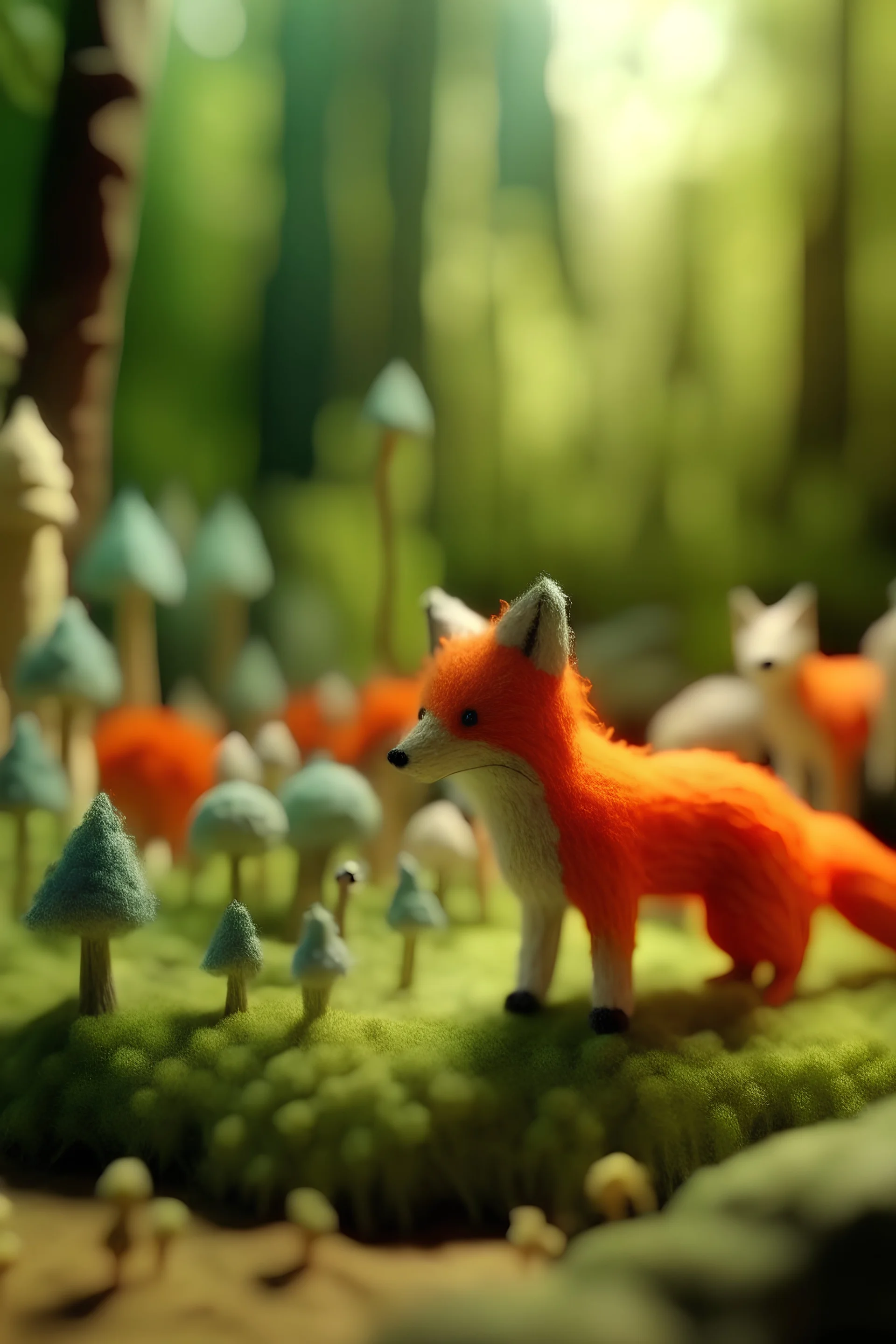 The lovely world of wool felt, fox stay in fairy forest, realistic hyper-detail, soft-focus, chibi, Tilt-shift, super lighting, volumetrics, Jon Klassen, in focus, 80mm lens, Large aperture, light colors, 8khd --v 5