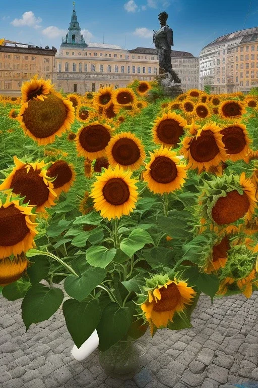 Sunflowers in the foreground of street in Vienna Austria