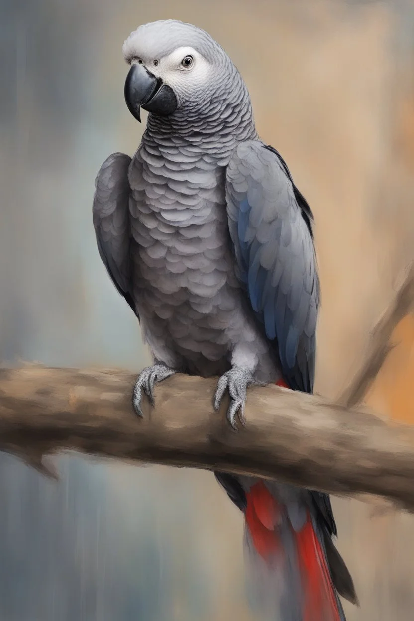 beautiful congo African grey parrot with striking colours, sitting on a branch, thick abstract like brush strokes - cement like texture of oil paint, 8k quality, realistic oil painting