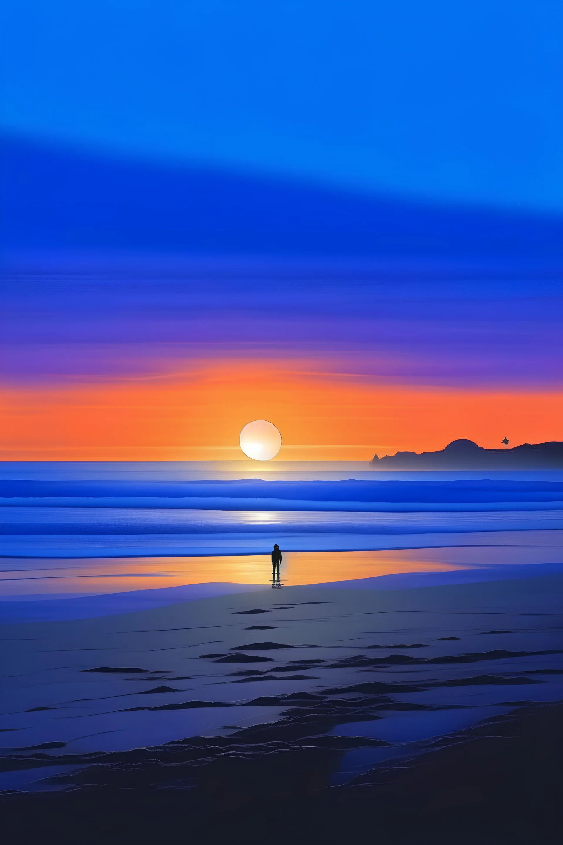 Picture a serene beach scene with an expansive ocean stretching out into the horizon. The sky is a canvas of purple blending from shades of deep blue near the top to soft purples and oranges where the sun is setting. The sun is a glowing ball, nearly touching the horizon, casting a warm, purple hue across the sky. In the foreground, two Big silhouetted figures are standing on the Beach their shadows elongating towards the shoreline as the sun dips lower. They're facing the sunset