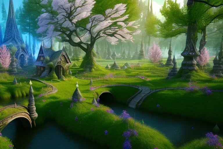 Immersive​ fantasy elven town in the deep forest with ancient elder tree beautiful blossom nature river 4k full hd