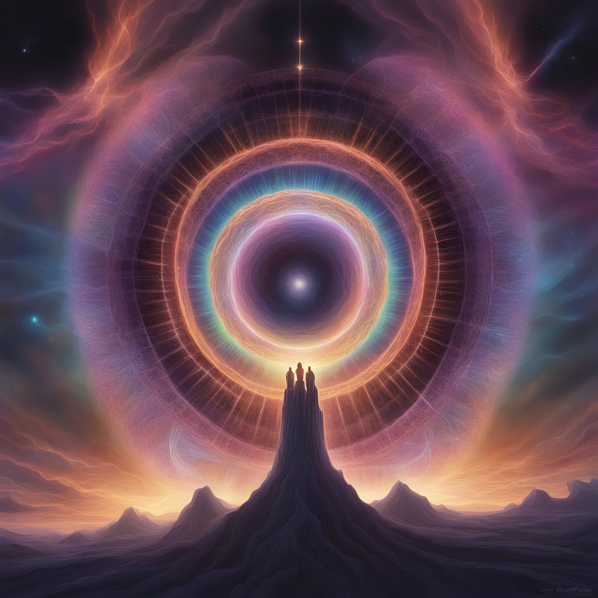 A digital painting for The Fold Path's album “Evolving Light” displaying glowing bands of plasma entities emerging from a psychedelic portal, with humanity below gazing up toward cosmic enlightenment as the band's logo morphs into source light.